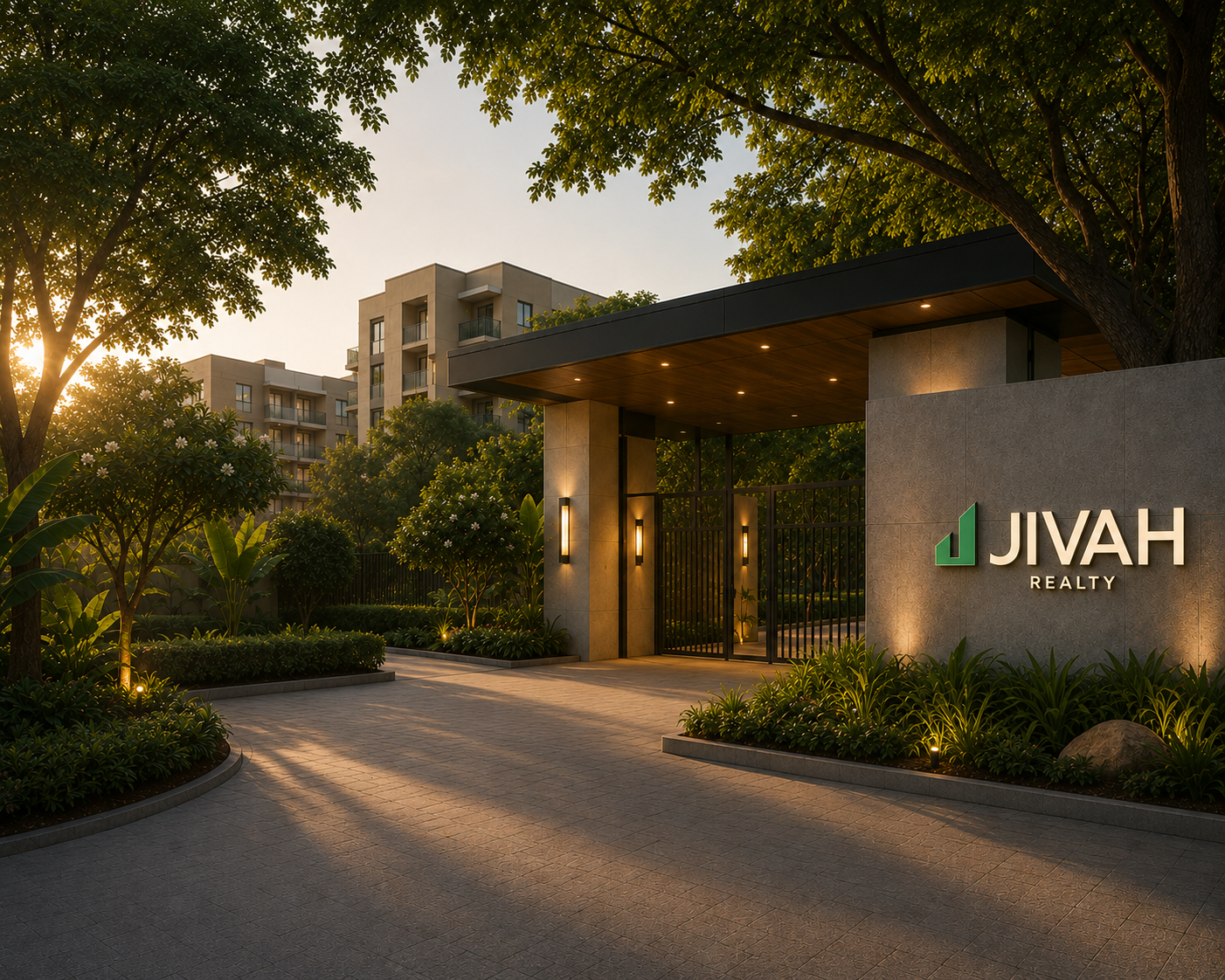 Jivah Realty neighbourhood entrance at dusk